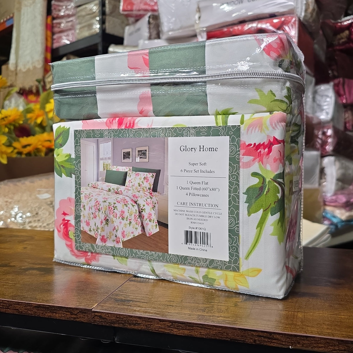 Glory Home Super Soft Sheet Set 6-Piece – Pink & Sage Green Floral – Queen Size