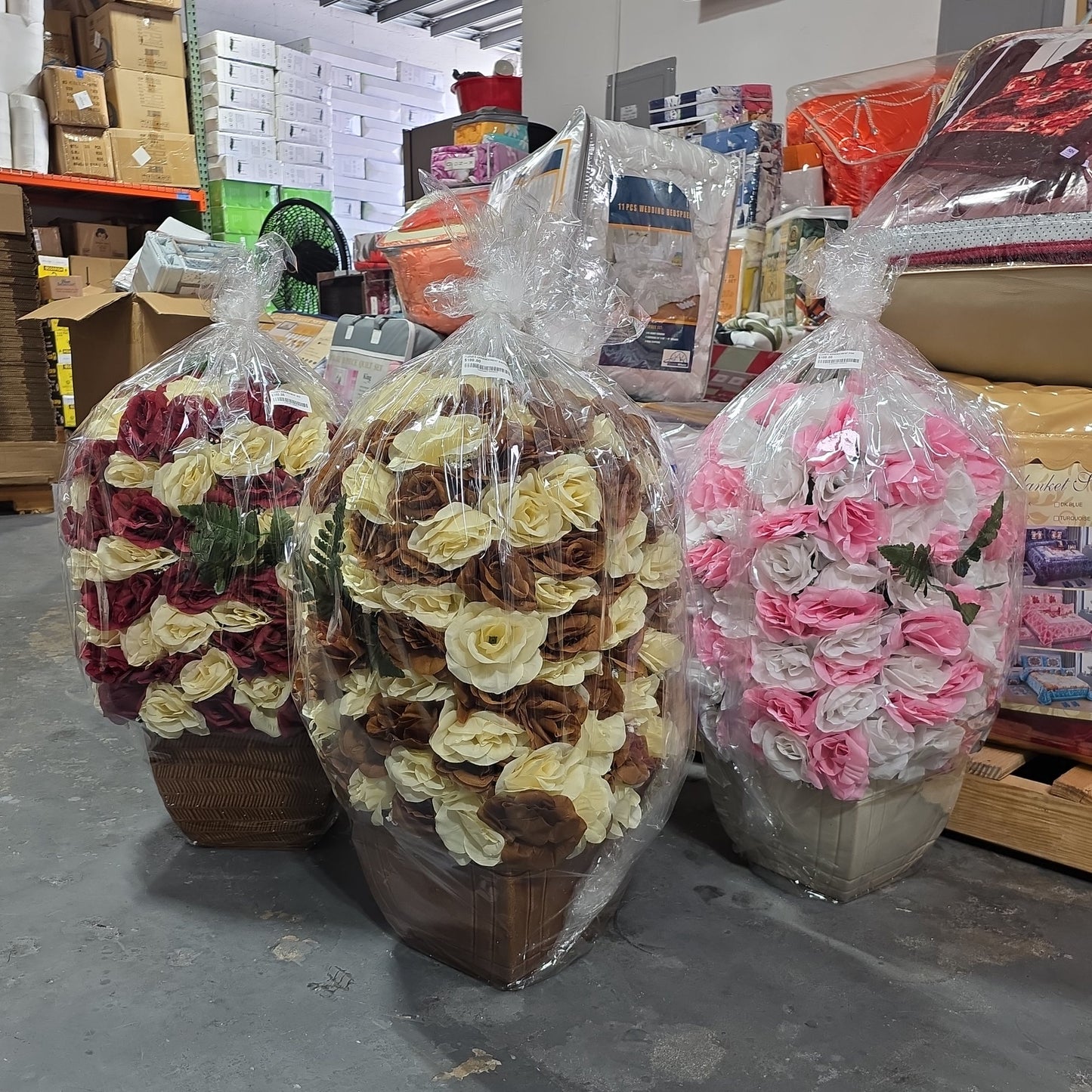 Decorative artificial floral arrangements (rose towers/baskets) -BROWN