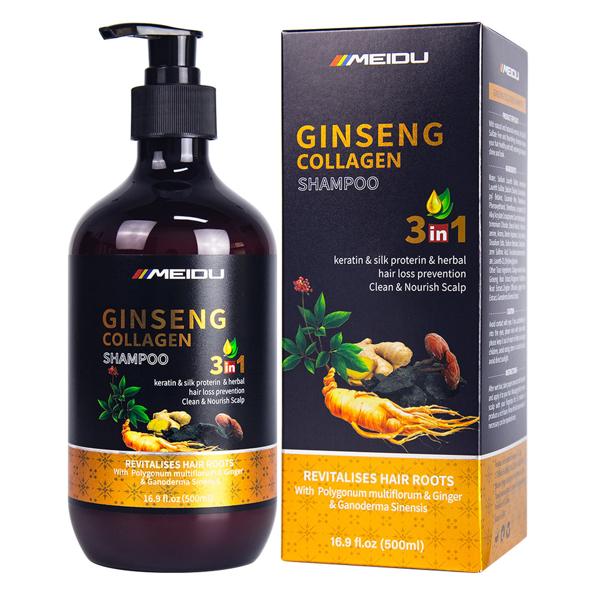 Meidu Ginseng Collagen Shampoo 500 mL - bottle and box