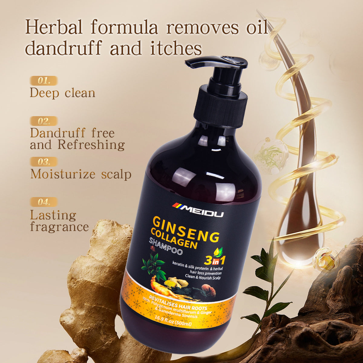 Meidu Ginseng Collagen Shampoo 500 mL - formula highlights