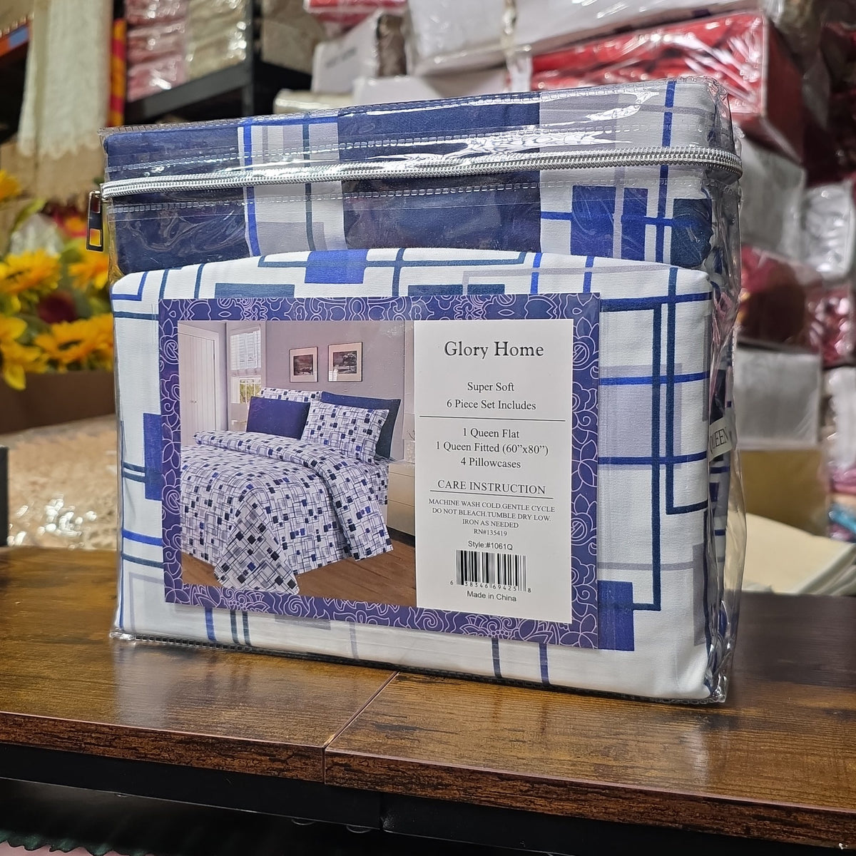 Glory Home Super Soft Sheet Set 6-Piece – Blue Geometric Grid – Queen Size