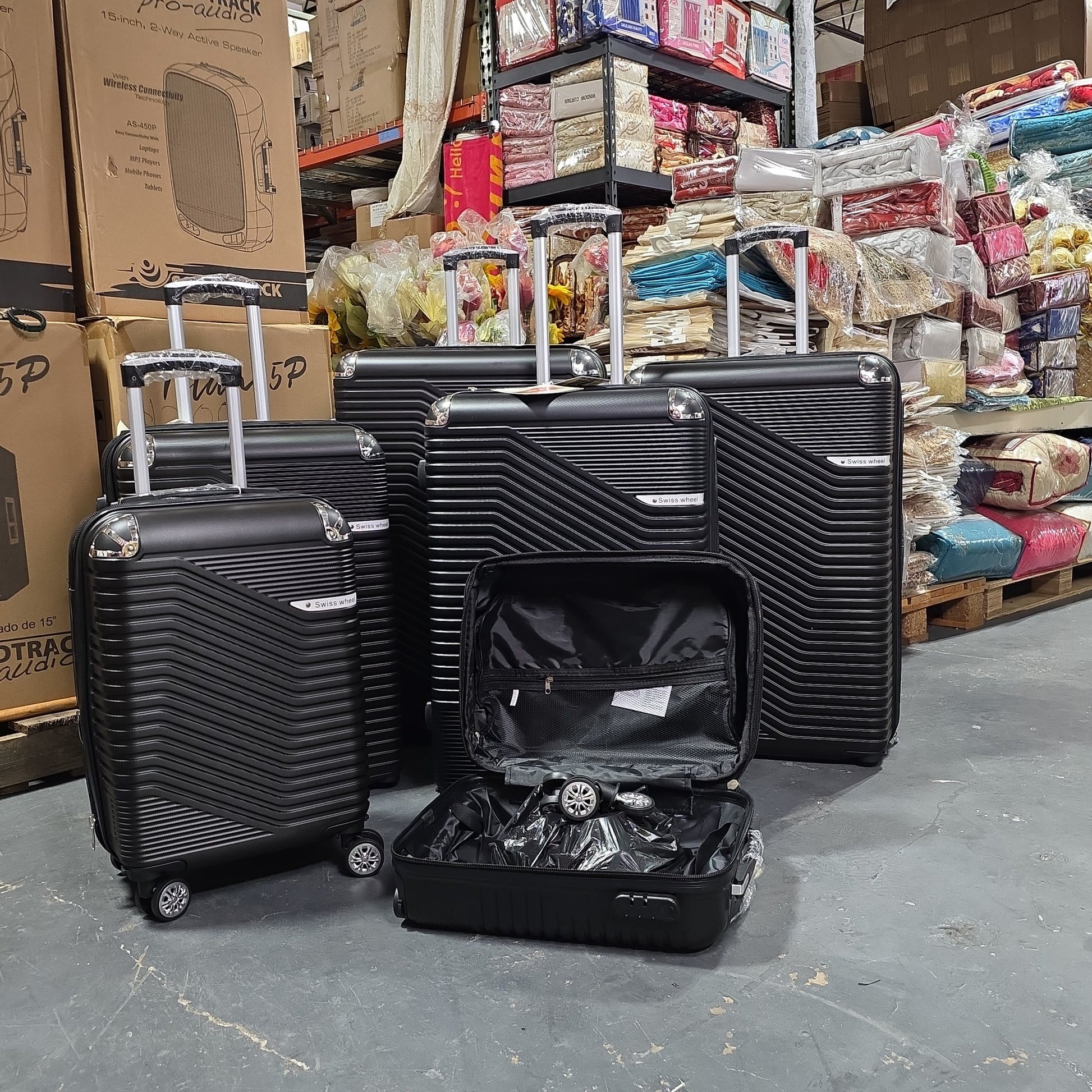 Swiss Wheel - black hard-shell luggage suitcase set of 6- size 18/20/26/28/30/32'' (wheels included)