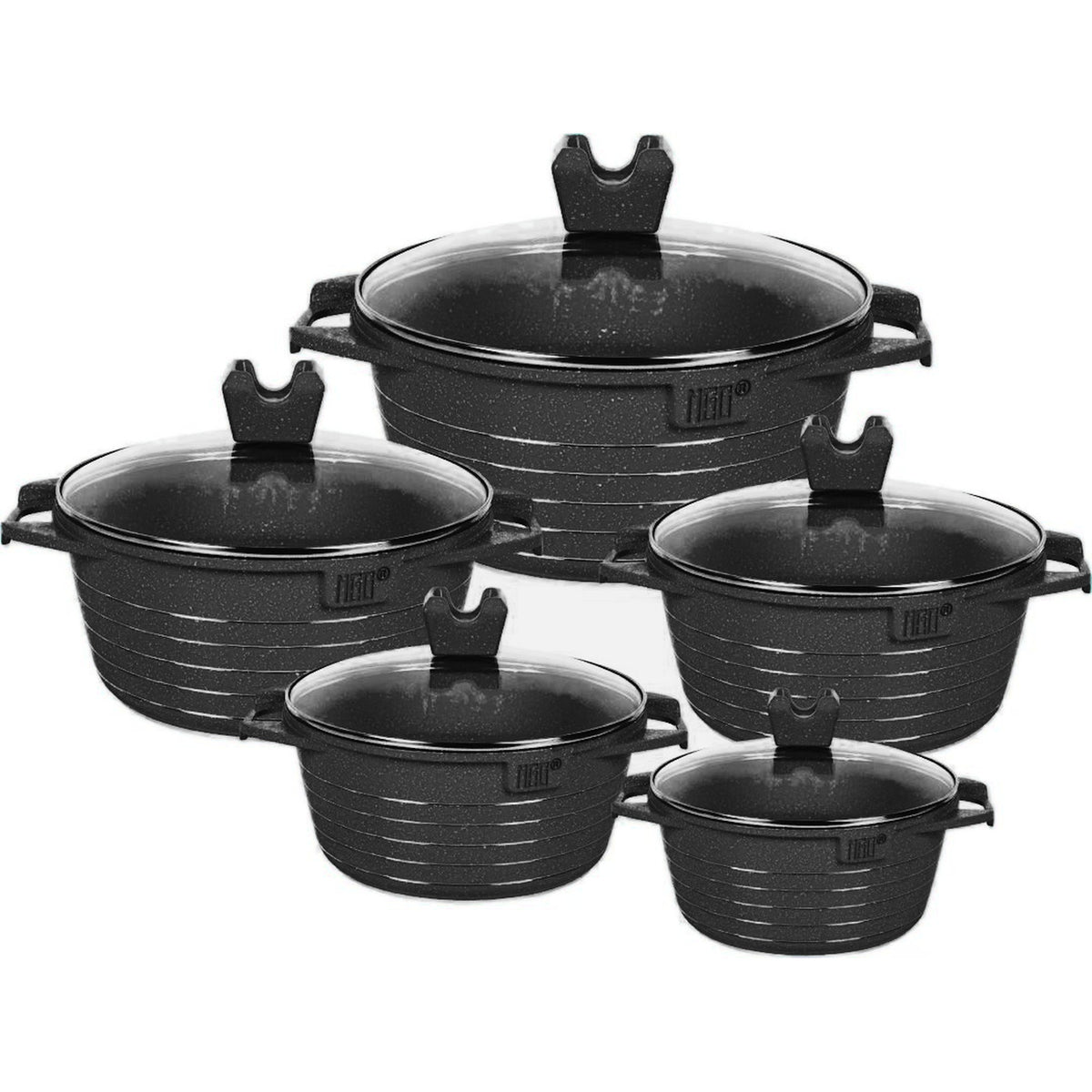 Dutch Oven Pot Black 5-Piece - black speckled granite cookware set with glass lids