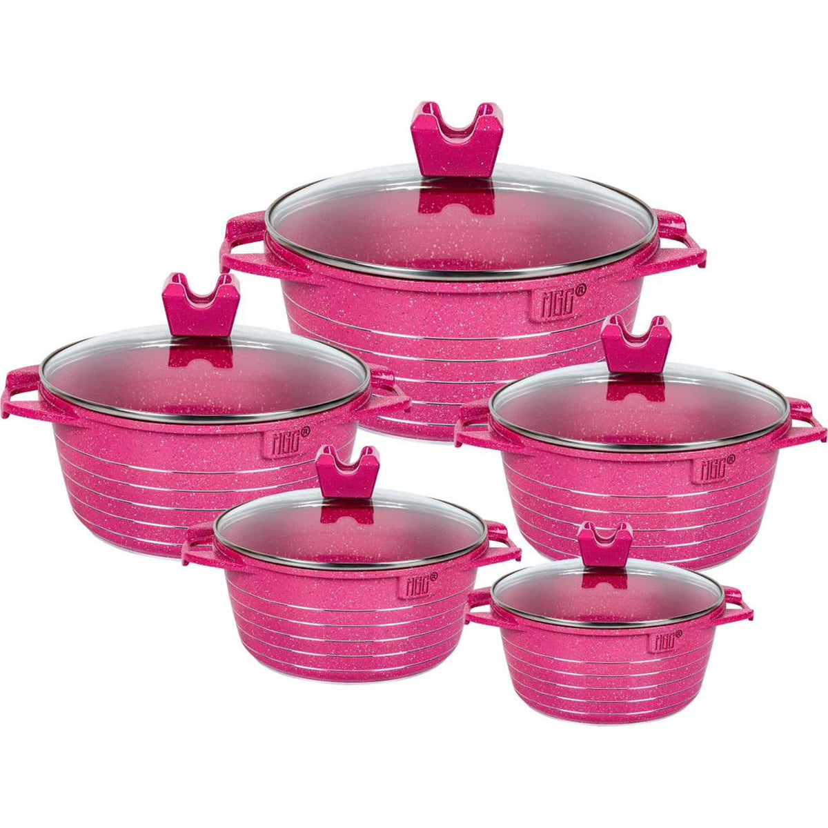 Dutch Oven Pot Rose 5-Piece - rose speckled granite cookware set with glass lids
