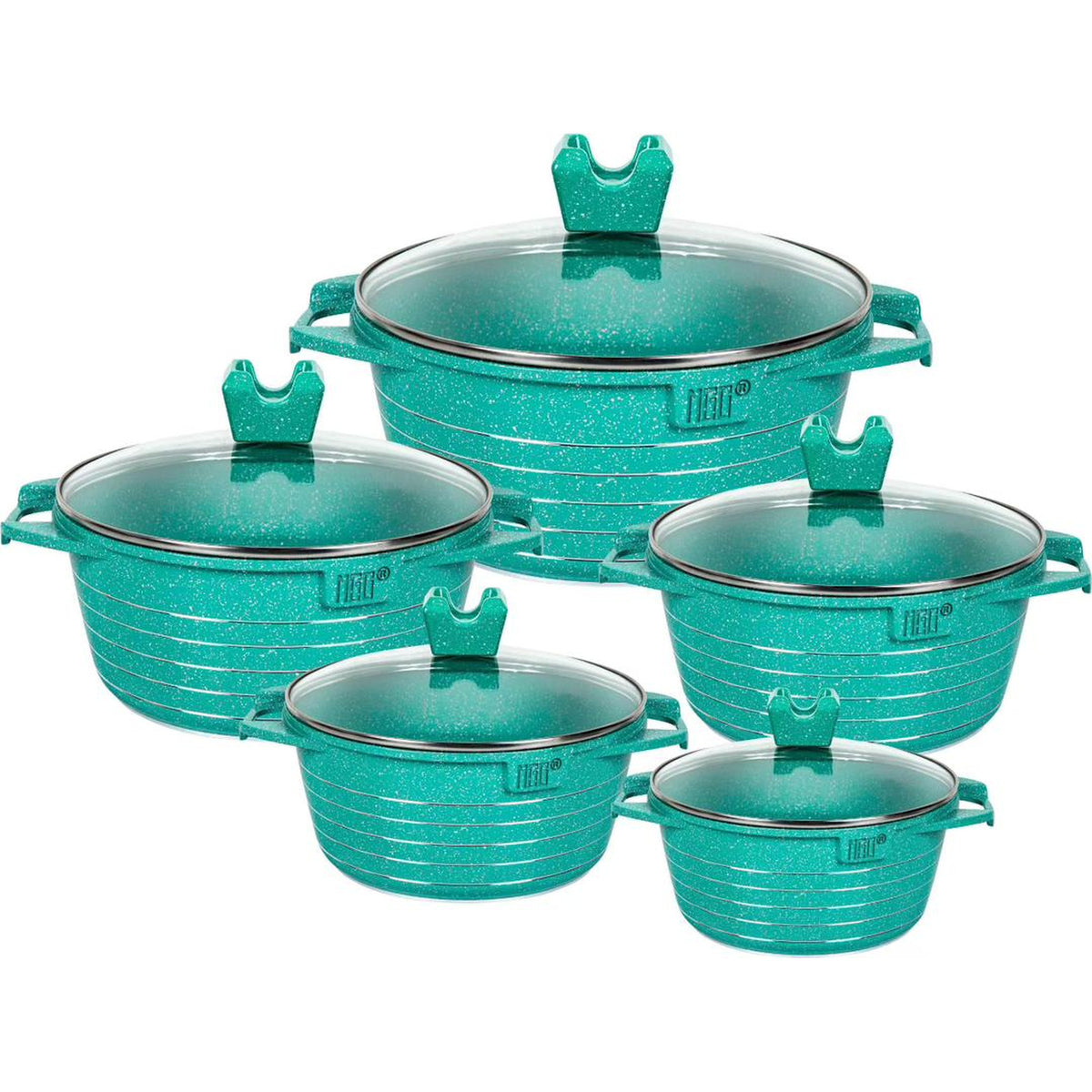 Dutch Oven Pot Teal 5-Piece - teal speckled granite cookware set with glass lids