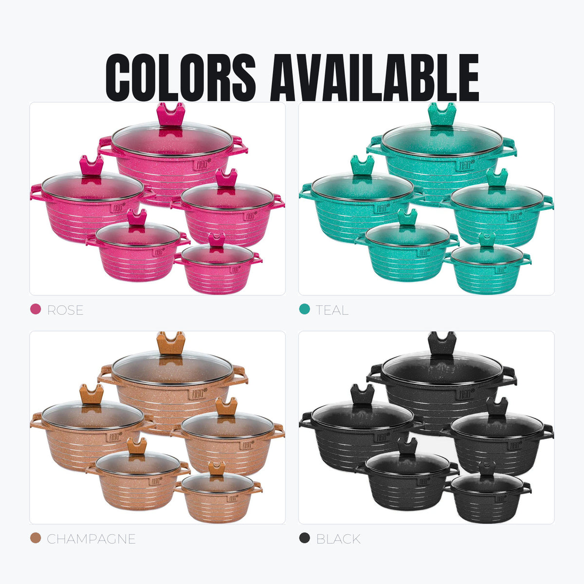 Dutch Oven Pot 5-Piece - all colours available: Teal, Rose, Champagne, Black